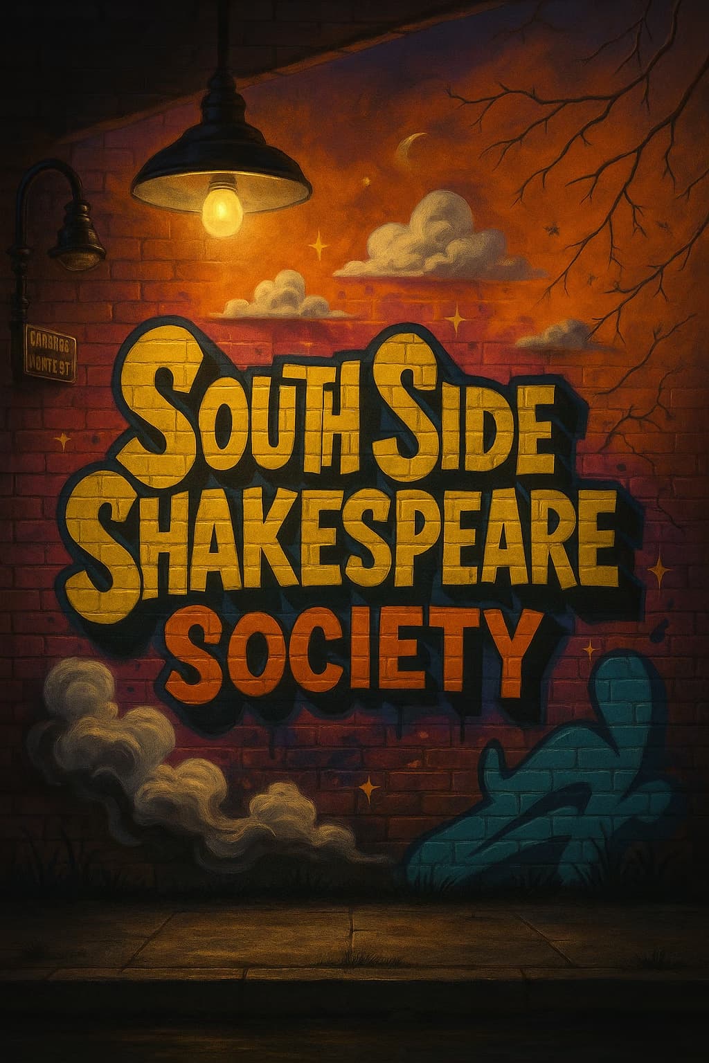 The words Southside Shakespeare Society painted in gold graffiti letters on a brick wall under a glowing street lamp at night.